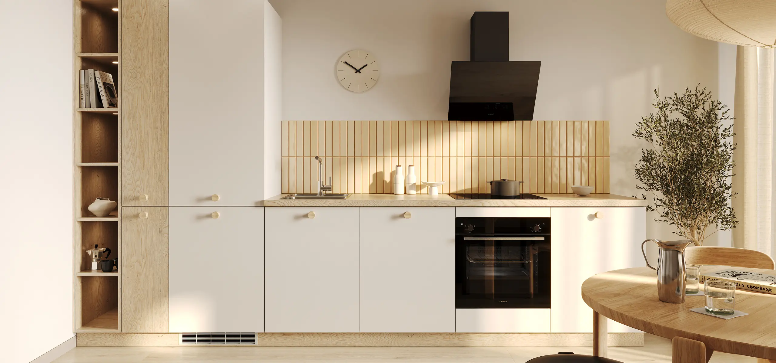 Moderne Einbauküche in warmem Holzton und elegantem Grau mit dunkler Arbeitsplatte und integrierter Sitznische. Zeitloses Küchendesign mit hochwertigen Materialien, stilvoller Beleuchtung und harmonischer Raumgestaltung.